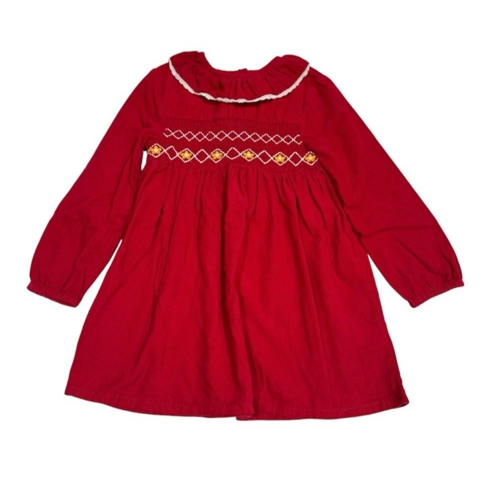 Kaisely Girl’s Red Corduroy Dress With Stitched Design & Scrunchie Size 4T